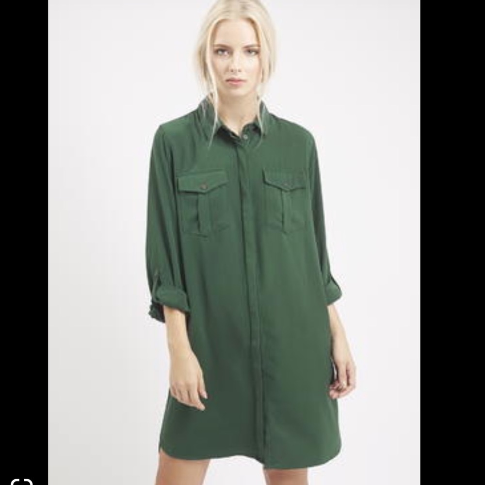 Topshop Oversized Green Button Down Shirt Dress with Pockets